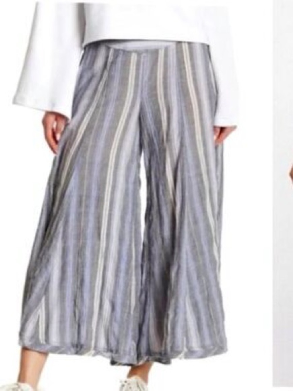 Free People Striped Wide-Leg Culotte Pants - Gray & Cream costal, airy, cotton